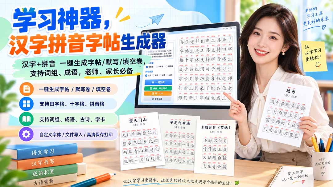 汉字拼音字帖生成器，一键生成田字格字帖默写填空卷，支持词组成语打印