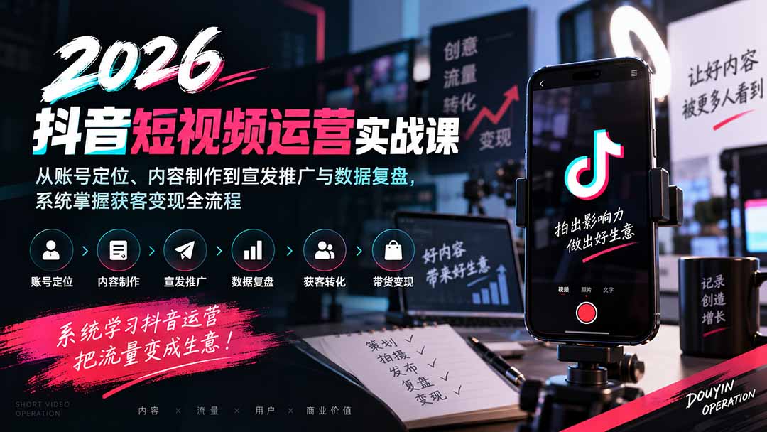 2026抖音短视频运营实战：账号定位+内容制作+宣发推广+数据复盘，获客变现全流程