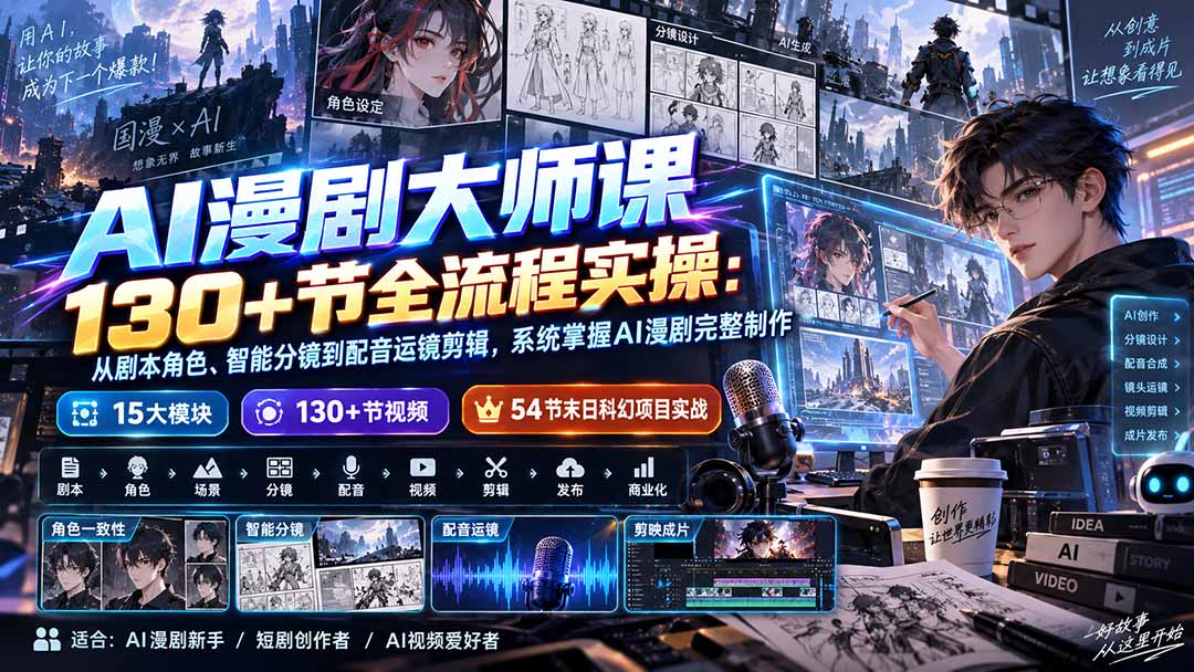 AI漫剧制作全流程实操课：剧本分镜配音剪辑调色，从零基础到商业变现