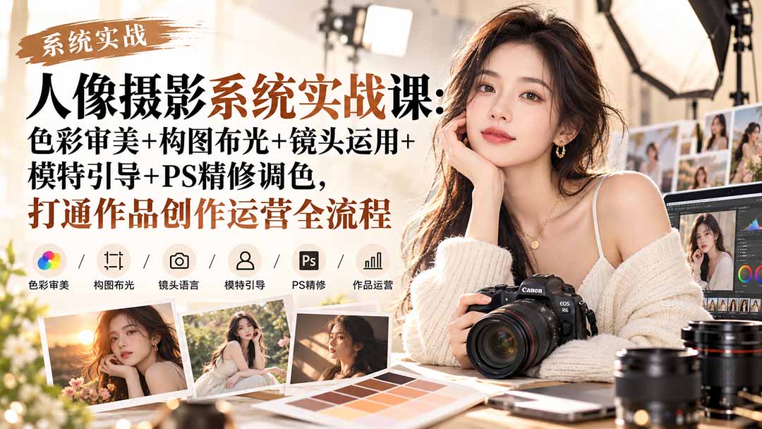 人像摄影系统实战课：色彩构图布光+镜头引导+PS精修调色与自媒体运营