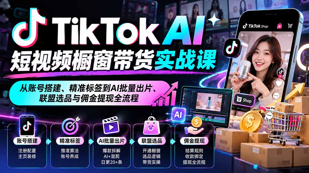 TikTok AI短视频橱窗带货实战：账号搭建+精准标签+AI批量出片+联盟选品提现全流程