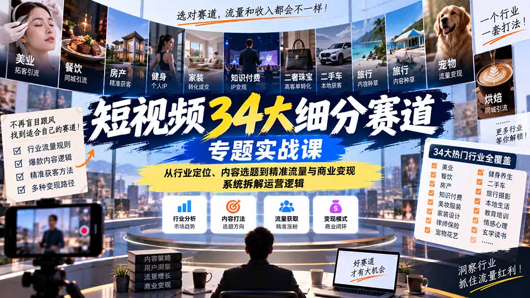 34大细分赛道短视频实战课：行业定位选题引流变现全拆解