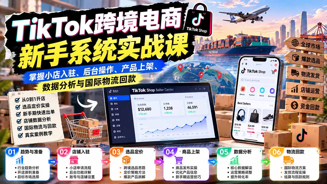 TikTok跨境电商新手实战：小店入驻后台操作与选品上架数据分析物流回款