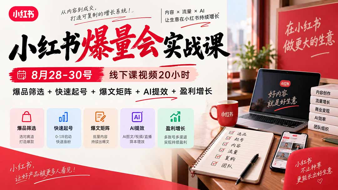 小红书爆量会实战课|8月28-30线下视频20小时:爆品筛选+快速起号+爆文矩阵+AI提效盈利增长 小红书爆量会实战课|8月28-30线下视频20小时:爆品筛选+快速起号+爆文矩阵+AI提效盈利增长