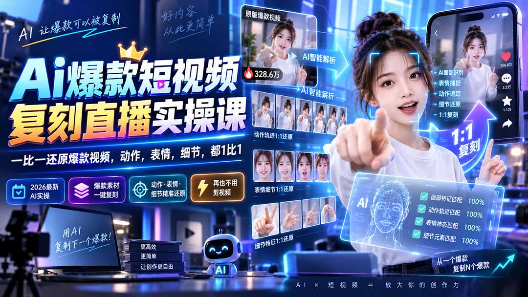 2026最新AI爆款短视频复刻实操课，一比一还原直播动作表情细节，新手不用剪视频