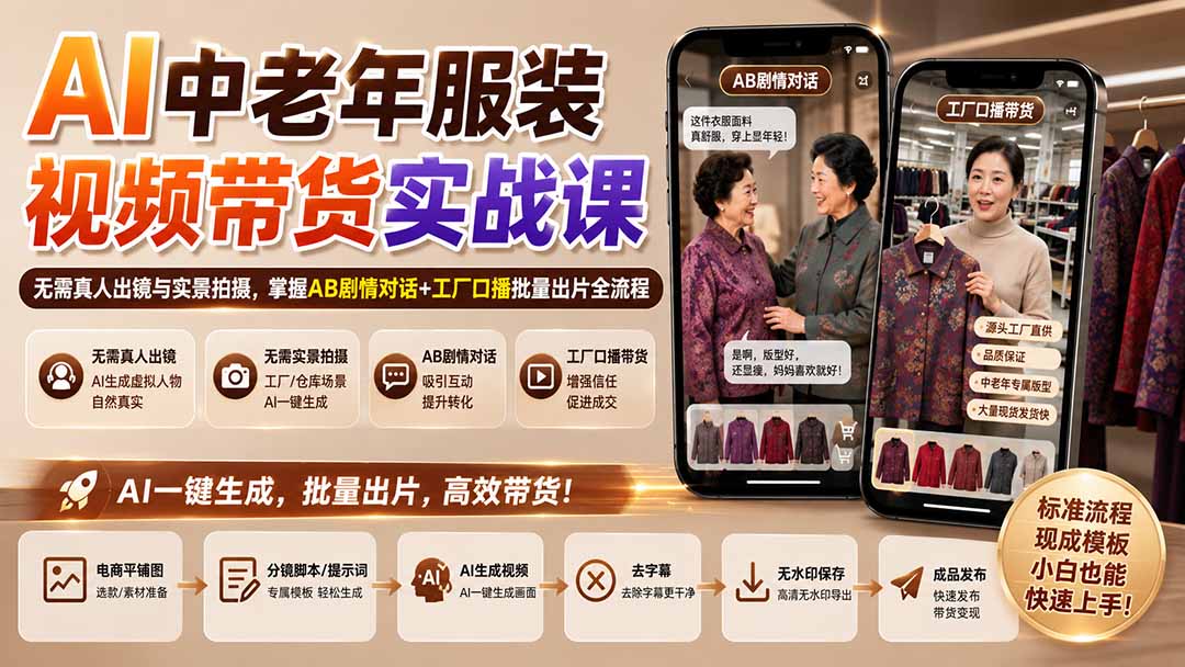 AI中老年服装视频带货实战课：AB剧情对话+工厂口播，无需真人出镜批量出片