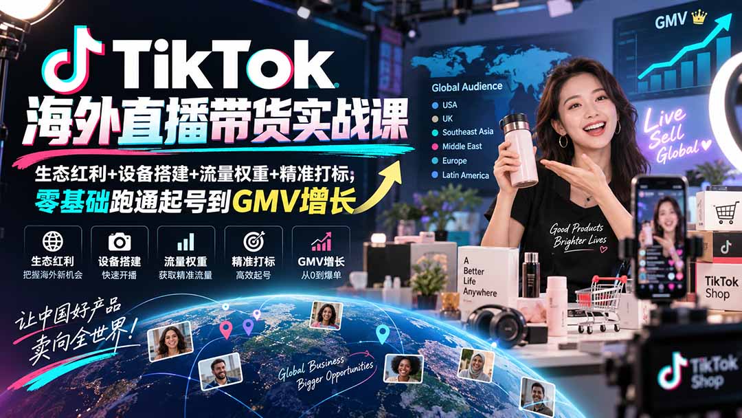 TikTok海外直播带货实战课：零基础起号打标到GMV增长