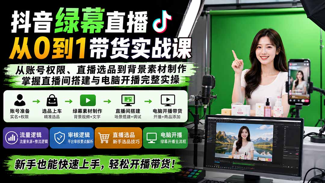 抖音绿幕直播带货实操课：从账号开通到电脑开播，绿幕素材制作全流程