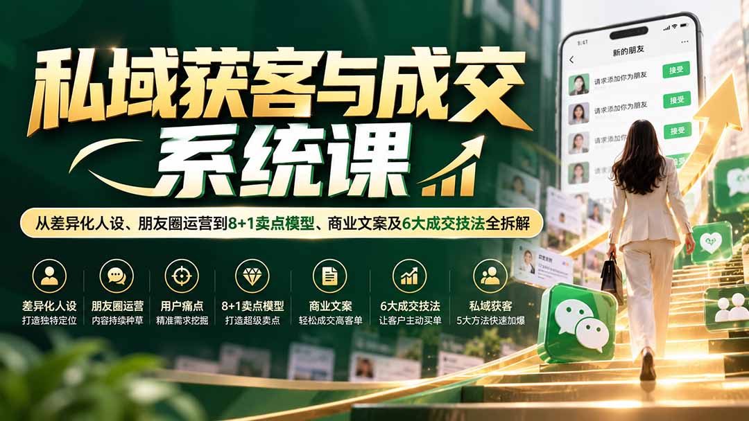 私域获客成交系统课：人设定位+朋友圈运营+8+1卖点文案与6大成交技法