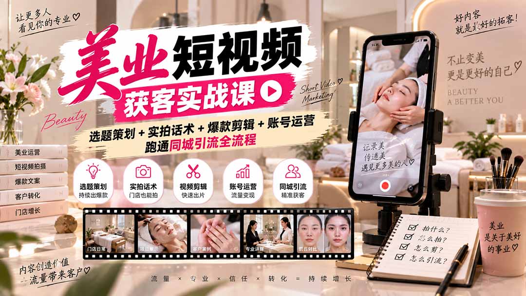 美业短视频获客实战课：选题策划+实拍话术+爆款剪辑+账号运营同城引流