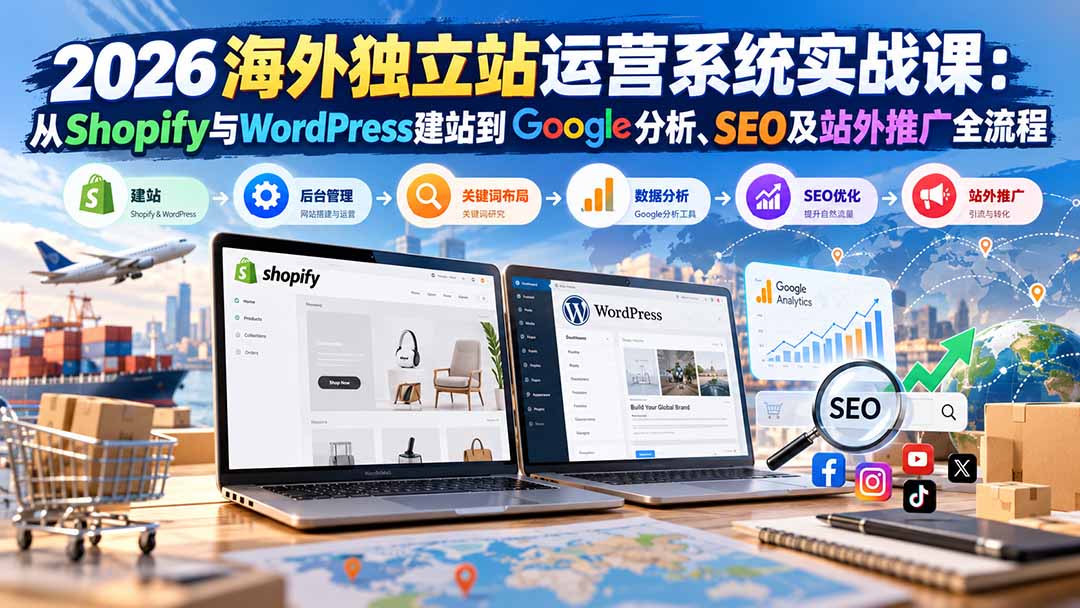 2026海外独立站运营实战：Shopify与WordPress建站、Google分析、SEO优化及站外推广全流
