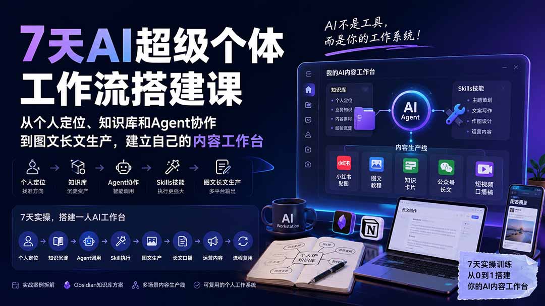 7天AI工作台搭建实操课:从个人定位、知识库到Agent协作,打造图文长文内容生产线 7天AI工作台搭建实操课:从个人定位、知识库到Agent协作,打造图文长文内容生产线