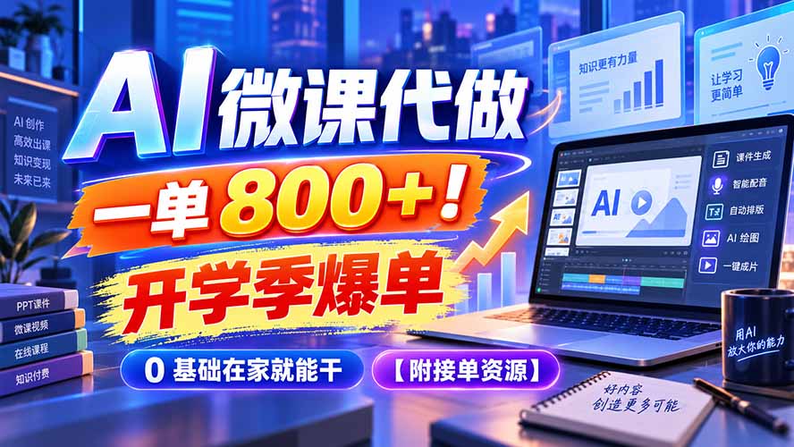 AI微课代做一单800方法，开学季爆单，0基础在家就能干附接单资源