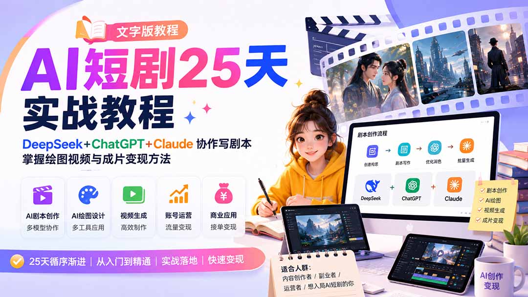 AI短剧25天实战教程：DeepSeek+ChatGPT+Claude写剧本，Midjourney绘图到变现全