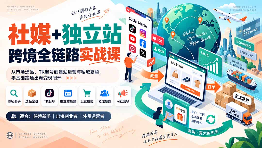 社媒+独立站跨境全链路实战：TK起号建站运营与私域复购