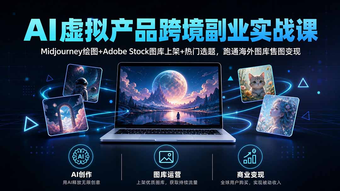 AI绘图跨境副业实战：Midjourney+Adobe Stock图库上架与选题变现课