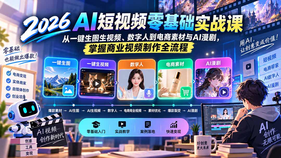 2026AI短视频实战课：零基础学一键生图生视频、数字人、电商素材与AI漫剧制作
