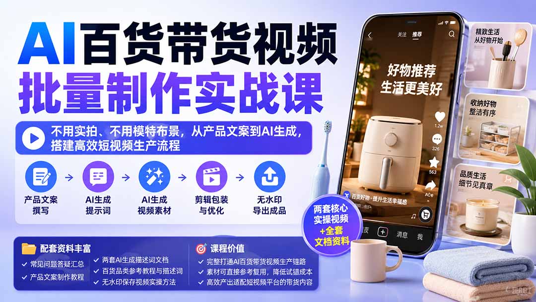 AI百货带货视频制作课：不用实拍模特，从文案到提示词搭建批量生产流程