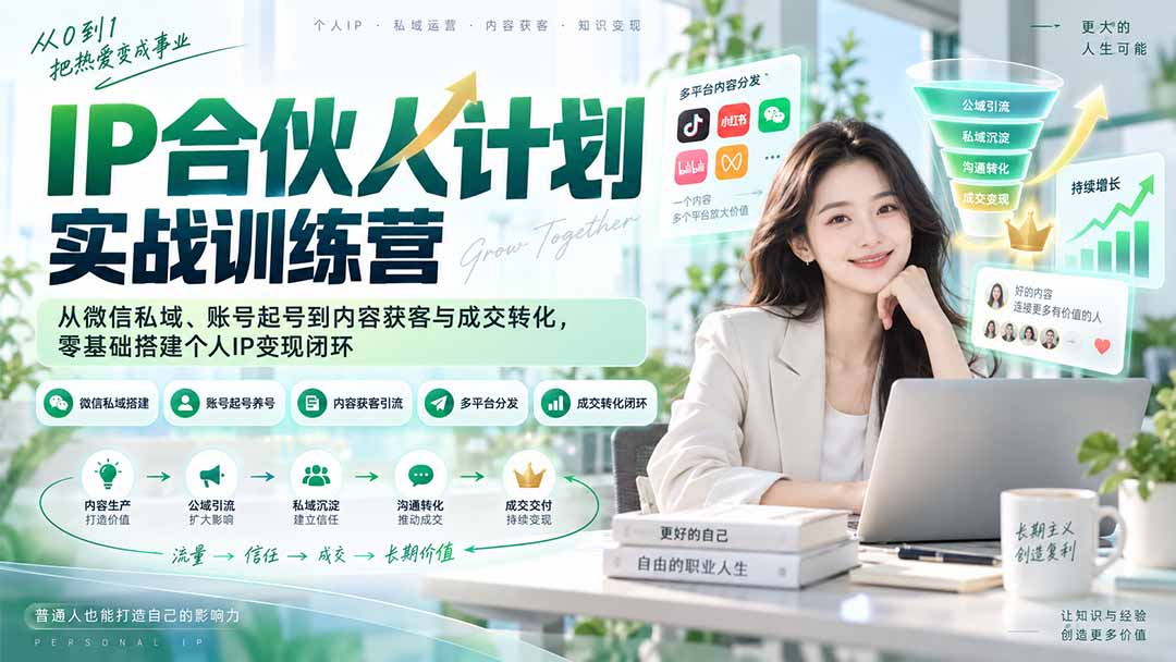 IP合伙人实战训练营：微信私域+短视频起号，零基础跑通公域获客到成交变现闭环