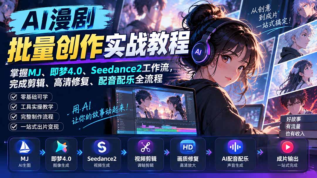 AI漫剧批量制作教程：MJ+即梦4.0+Seedance2全流程剪辑配音
