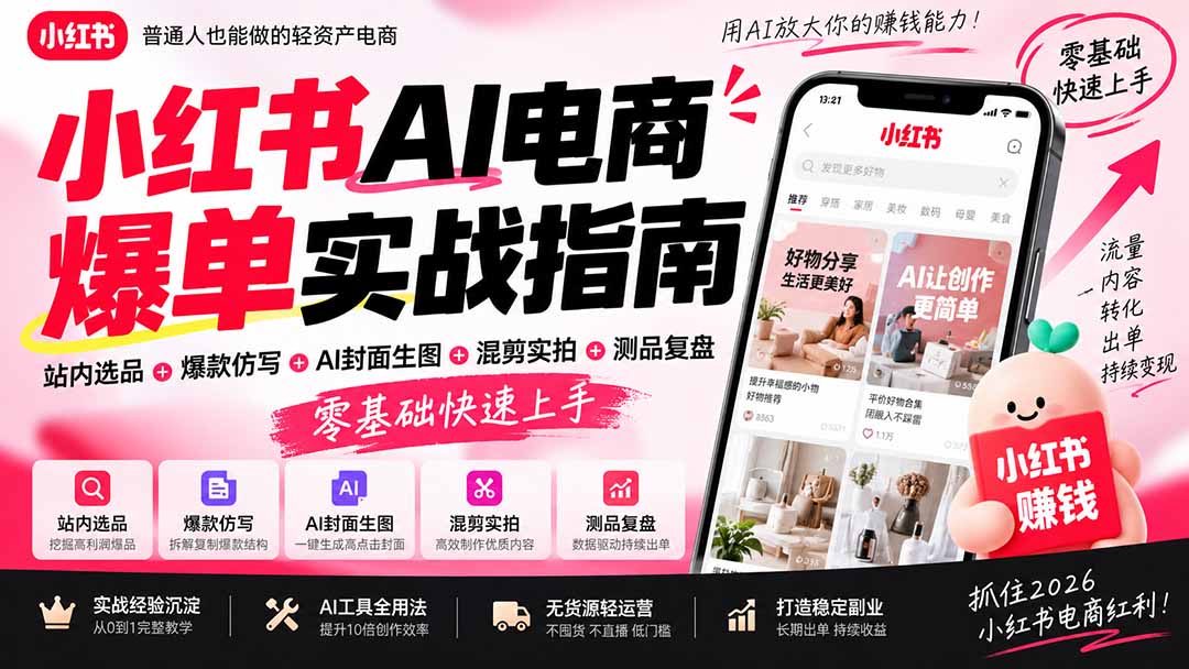2026小红书AI电商爆单实战：零基础选品仿写封面混剪测品复盘