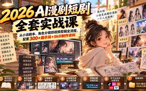 2026 AI漫剧短剧实战课：小说剧本分镜到剪辑全流程+提示词模板
