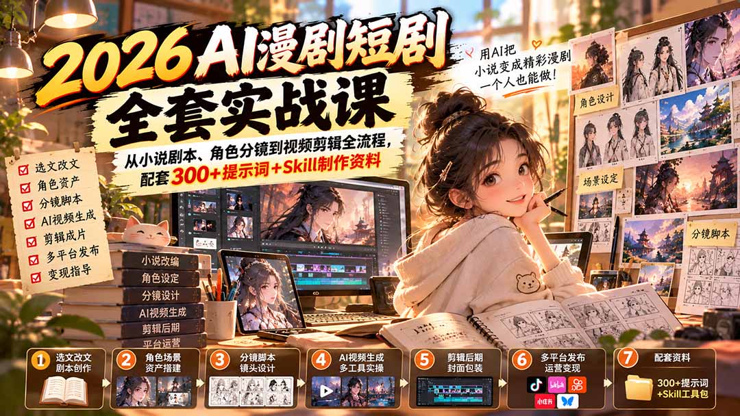 2026 AI漫剧短剧实战课：小说剧本分镜到剪辑全流程+提示词模板