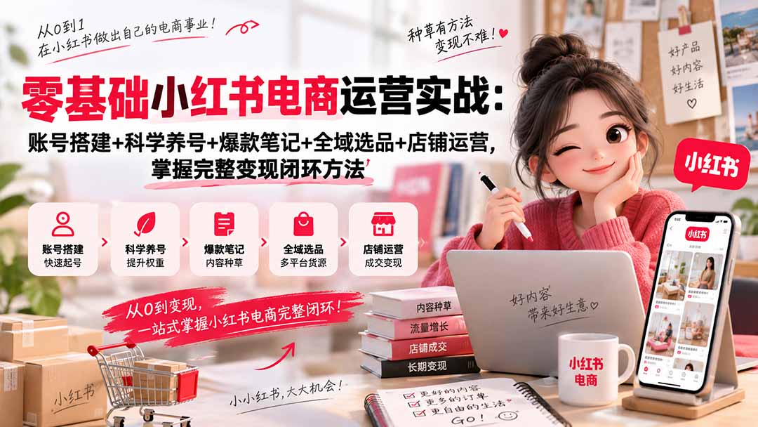 零基础小红书电商运营实战：账号搭建+养号+爆款笔记+选品+开店变现
