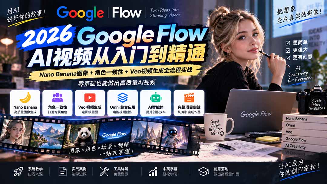 Google Flow AI视频教程：Nano Banana角色一致性+Veo视频生成全流程