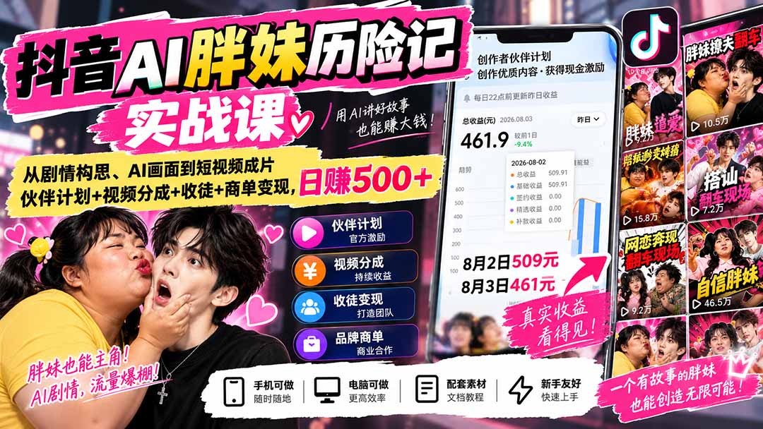 抖音AI胖妹历险记实战课：零基础AI剧情短视频制作与变现全流程