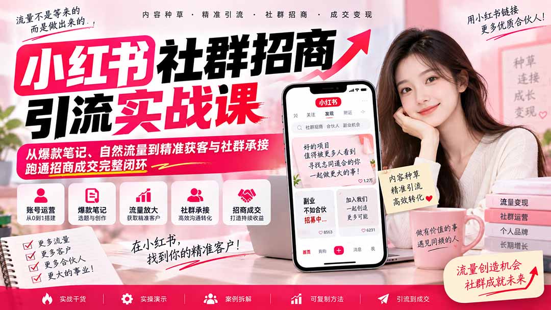 小红书招商引流实战课：爆款笔记+自然流量获客与社群成交闭环