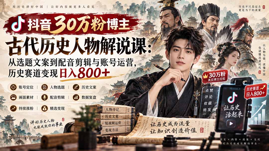 抖音古代历史人物解说课：选题文案配音剪辑与账号变现