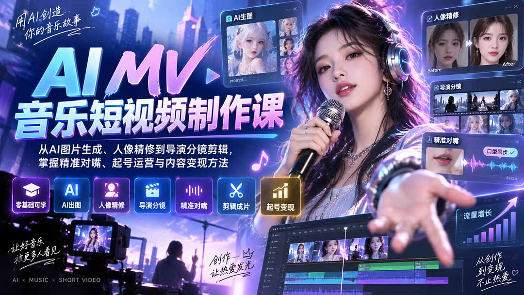 AI MV音乐短视频制作课：AI出图精修+分镜对嘴+起号变现