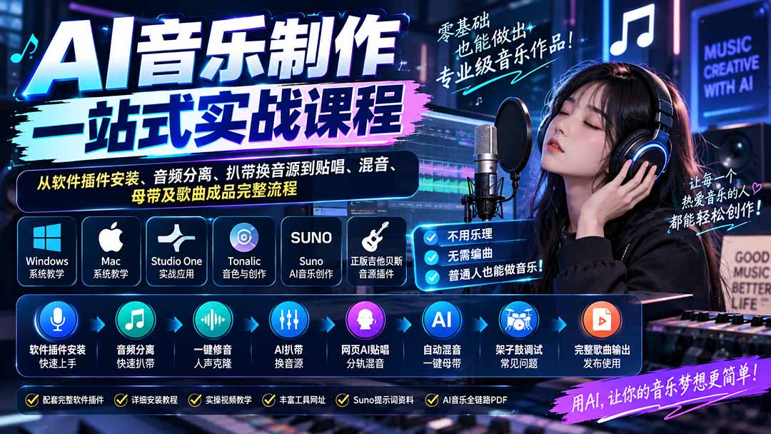 零基础AI音乐制作全套教程：修音扒带混音母带Suno完整流程