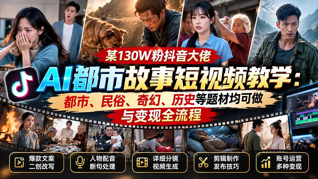 130W粉抖音大佬AI都市故事短视频教学：爆款文案二创+分镜生成+配音剪辑全流程