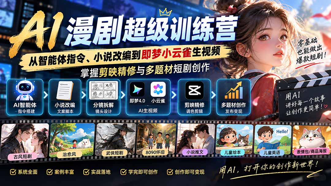 AI漫剧特训营：即梦小云雀生视频+剪映精修，零基础短剧变现