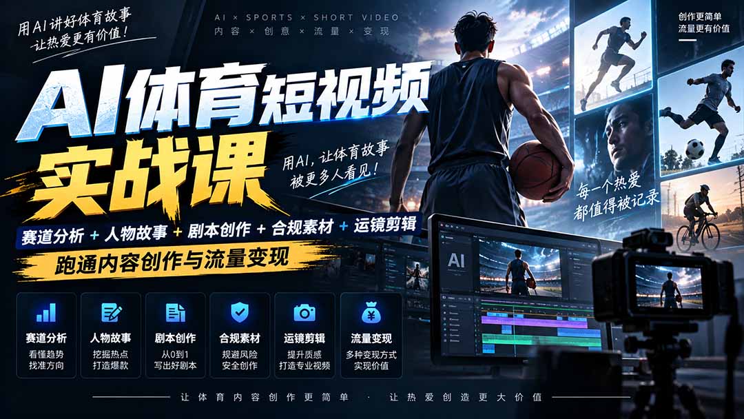 AI体育短视频教程：零基础剧本创作+版权处理+运镜剪辑变现