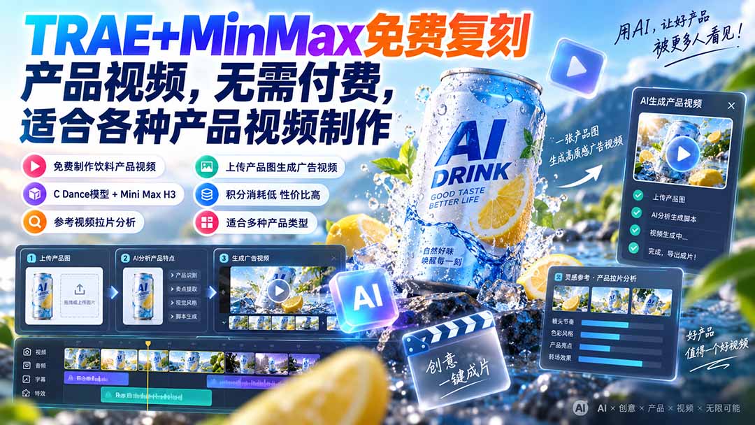 C Dance+MiniMax免费制作产品视频教程,低成本AI生成饮料广告 C Dance+MiniMax免费制作产品视频教程,低成本AI生成饮料广告