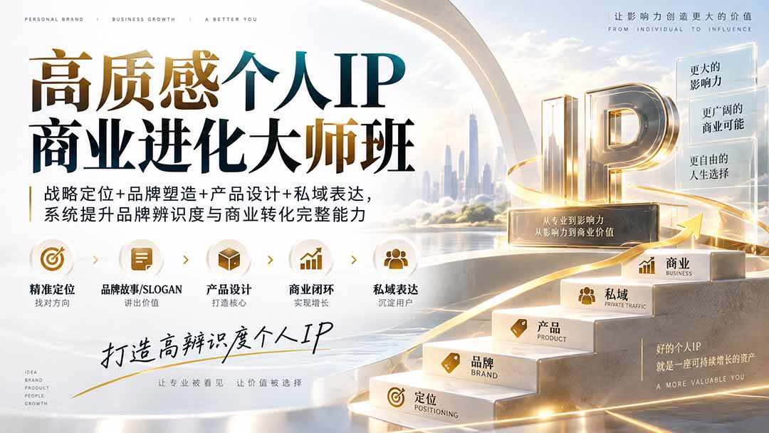 高质感个人IP商业进化大师班：差异化定位+品牌塑造+产品设计+私域发圈，系统提升辨识度与商业转化