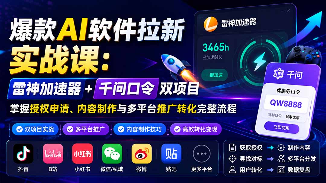 雷神加速器千问口令拉新实战课，AI软件推广授权申请与多平台引流赚钱全流程