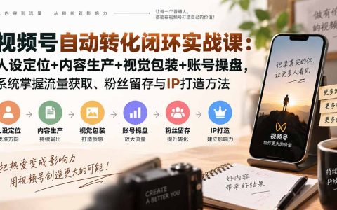 视频号自动转化实战课：人设定位+内容生产+视觉包装+账号操盘，系统掌握流量获取、粉丝留存与IP打造方法