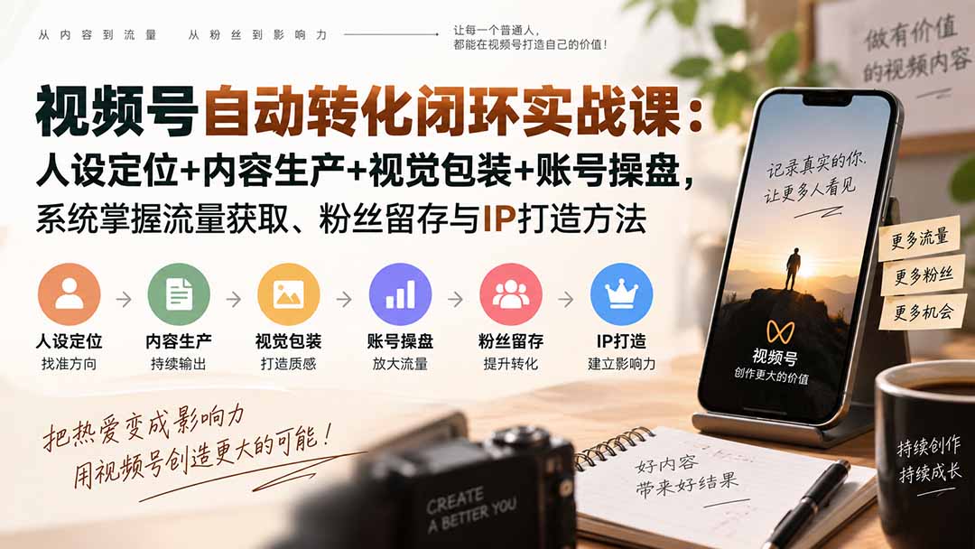 视频号自动转化实战课：人设定位+内容生产+视觉包装+账号操盘，系统掌握流量获取、粉丝留存与IP打造方法