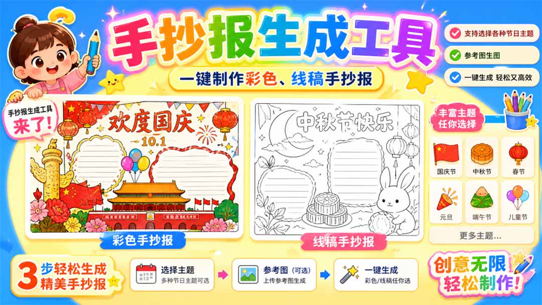 手抄报批量生成工具免费版，告别豆包生图，高清无水印支持节日模板