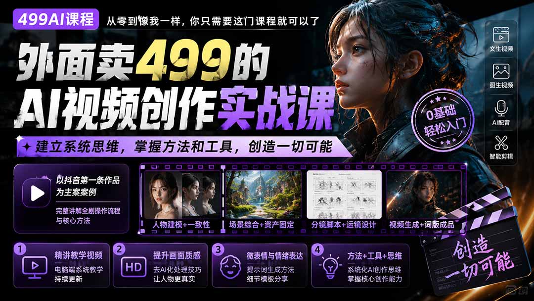 AI视频创作实战课：从0到1建立系统思维，掌握人物一致性+表情提示词工具应用