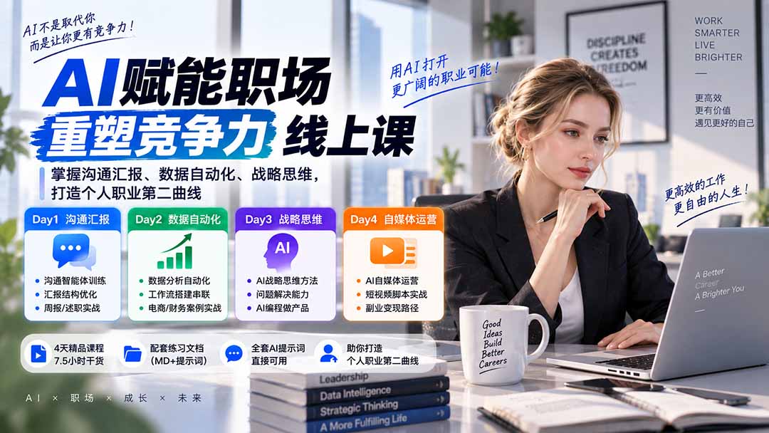 AI职场提效第二曲线实战课：沟通汇报数据工作流与AI编程自媒体运营