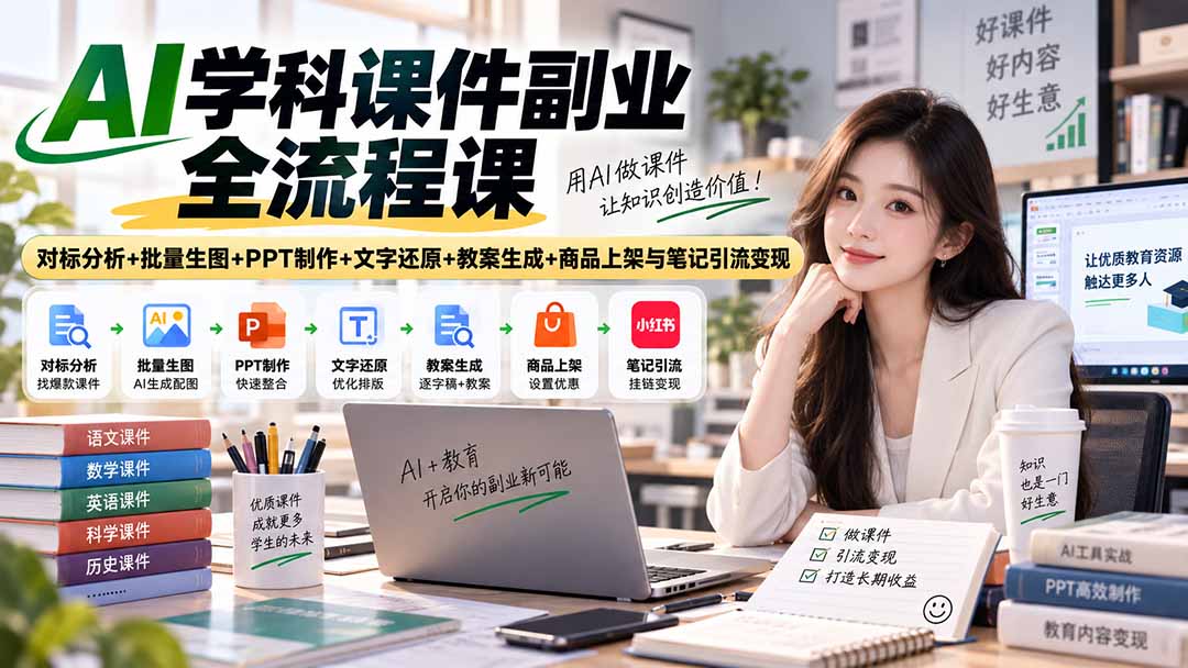 AI学科课件副业全流程：Codex对标分析+GPT批量生图+可画PPT制作+教案生成与商品上架引流变现