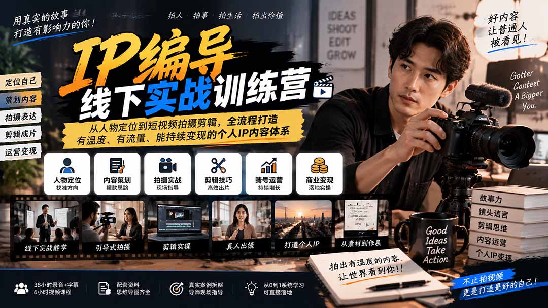 IP编导线下实战训练营：个人IP定位+短视频拍摄剪辑+账号变现全流程