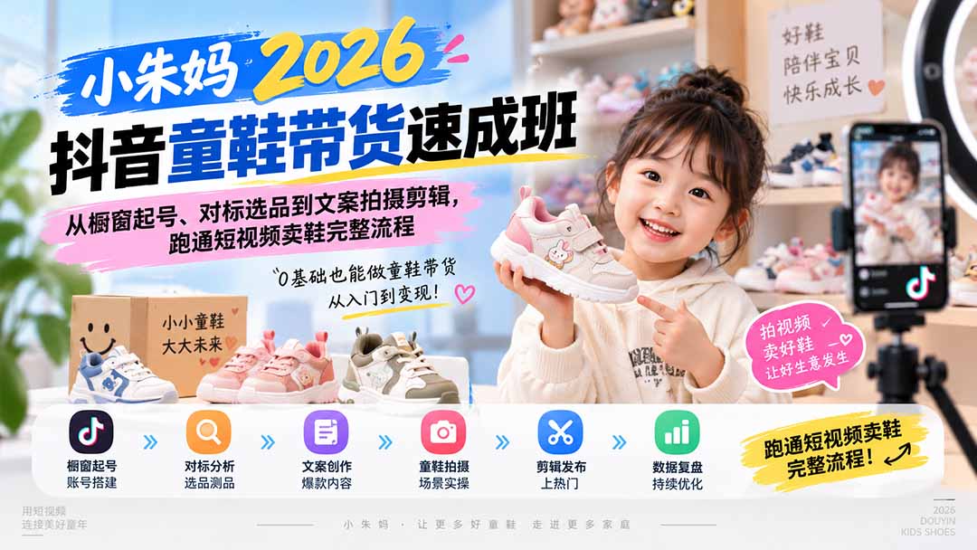 小朱妈2026抖音童鞋带货速成班：橱窗起号、对标选品、AI文案拍摄剪辑到复盘全流程