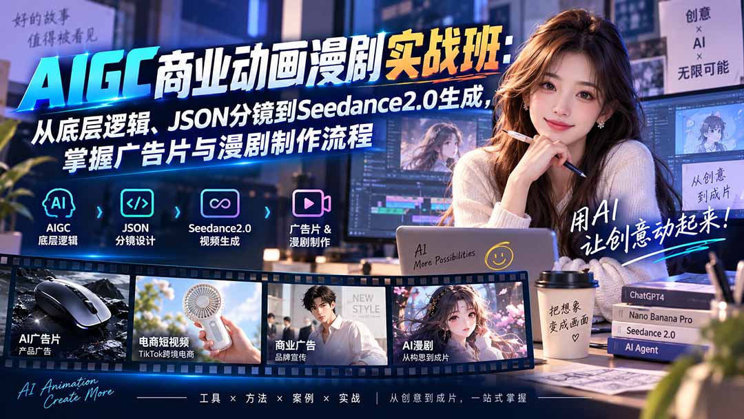 AIGC商业动画漫剧实战班：Nano Banana Pro与Seedance2.0从JSON分镜到广告片全流程