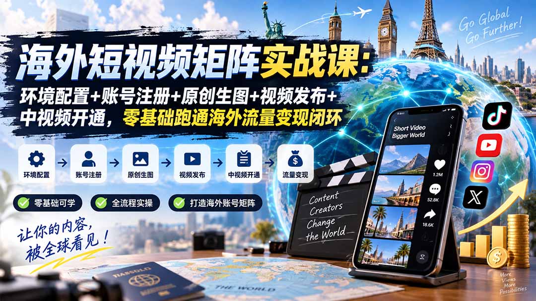 海外短视频矩阵实战课：零基础环境配置+账号注册+原创生图+视频发布+中视频开通变现